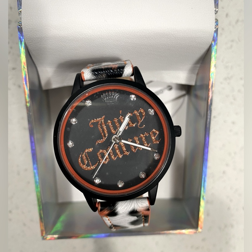Juicy Couture Black Label Watch in Black White Orange Leopard Print NWT